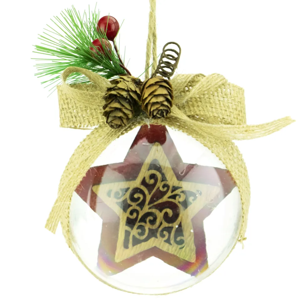 BALL CLEAR 75MM CLEAR W/ STAR RED/NAT BURLAP BOW