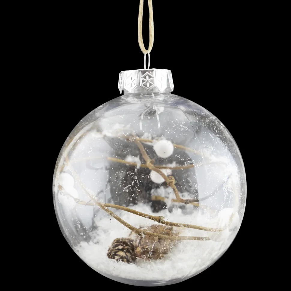BALL CLEAR 100MM W/ PINECONE, 2 TWIGS INSIDE