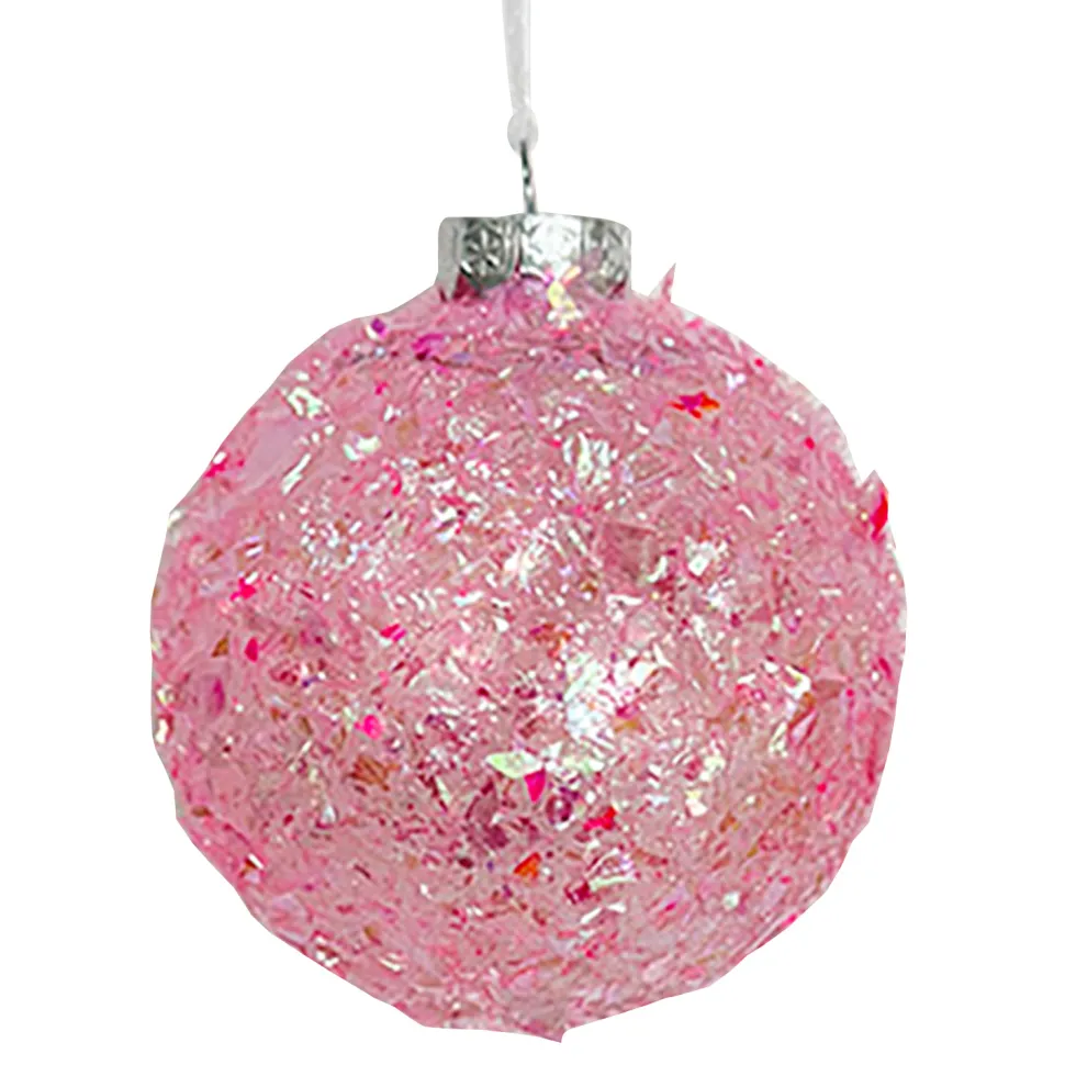 BALL DECOR PINK 100MM CLEAR W/ IRIDESCENT GLITTER