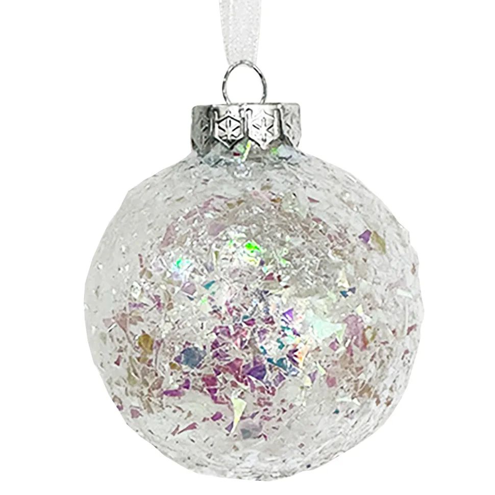 BALL DECOR WHITE IRR 80MM CLEAR W/ IRIDESCENT GLITTER
