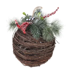 BALL RATTAN/ GREENS 9.5″X10.5″ W/ FROSTED NEEDLE PINE & BERRIES