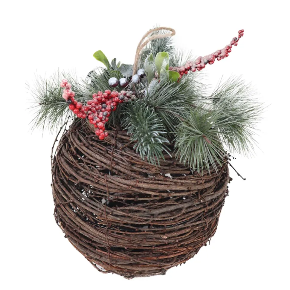 BALL RATTAN/ GREENS 9.5″X10.5″ W/ FROSTED NEEDLE PINE & BERRIES