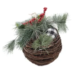 BALL RATTAN/ GREENS 7.5″X8.5″ W/ FROSTED NEEDLE PINE & BERRIES