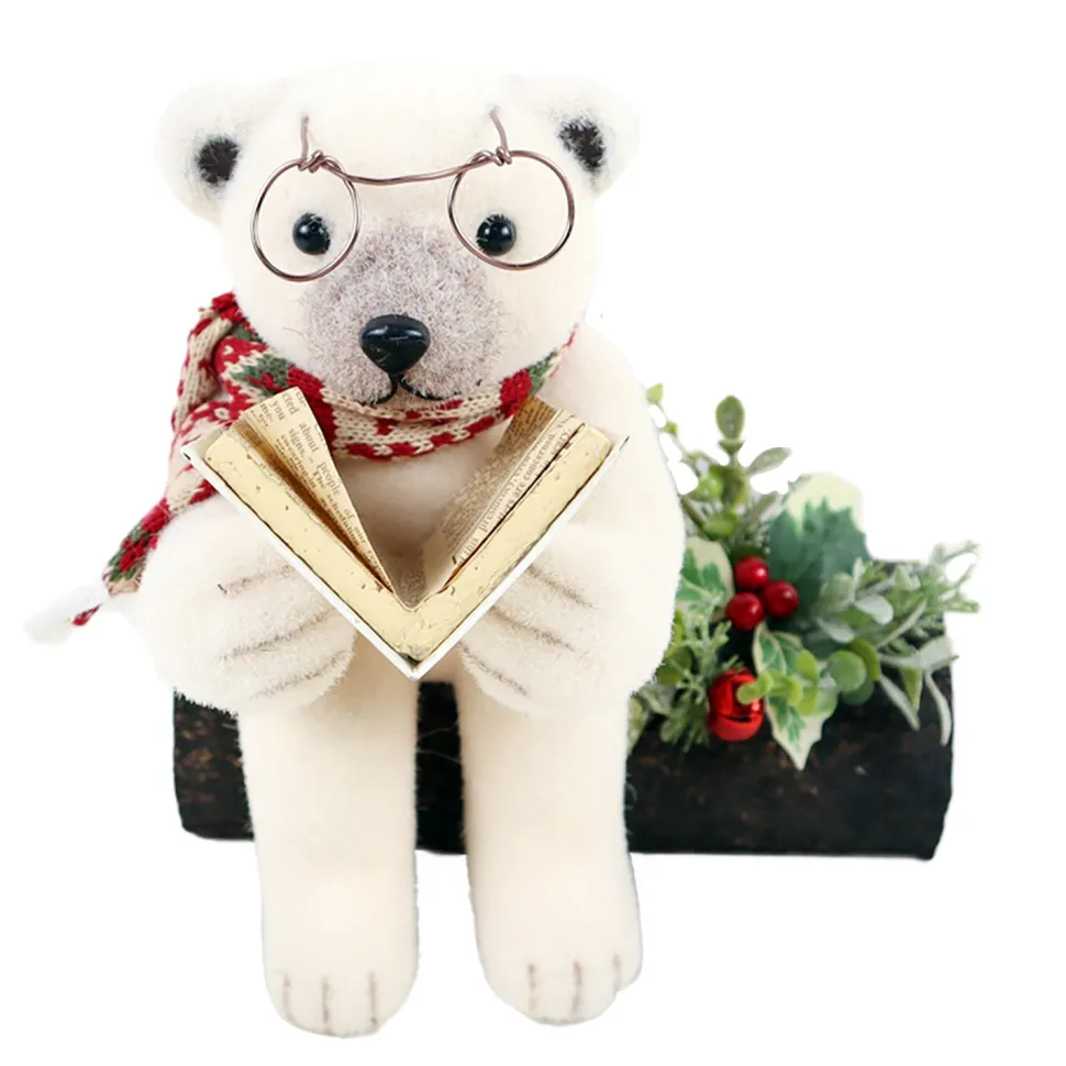 BEAR BEIGE READING A BOOK ON A LOG 9.5″ WHT/GREEN/RED