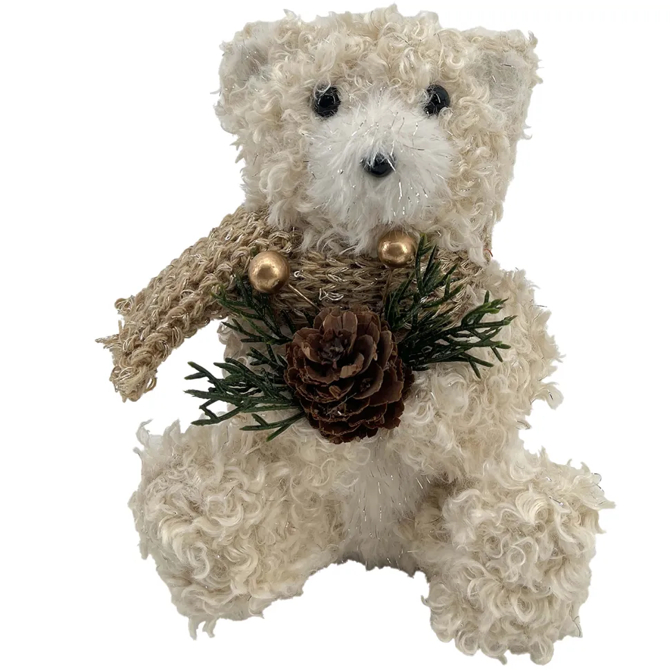 BEAR BEIGE SHERPA SITTING 5″x6.5″ W/ SCARF, PINE & CONE