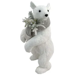 BEAR WHITE STANDING FAUX GRASS 6.5″x15″ W/ SCARF, FROSTED PINE & BERRIES