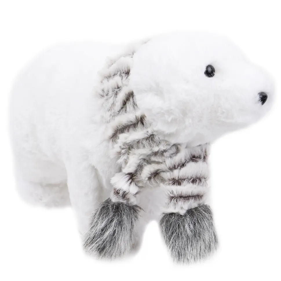 BEAR WHITE WALKING 6.5″ WHITE FAUX FUR W/ WHT/GRAY FUR SCARF