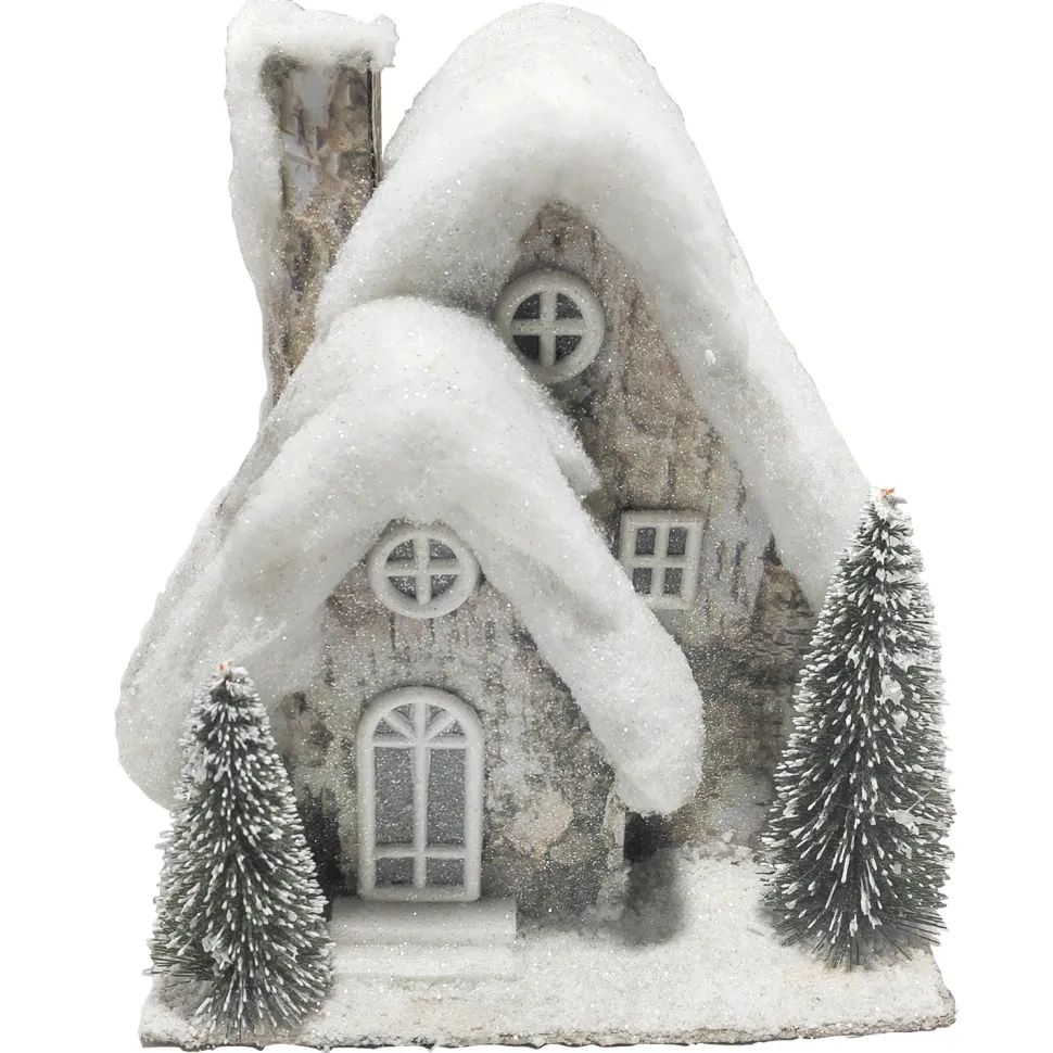 BIRCH LOOK HOUSE 9″x10″X7″ W/ SNOW ROOF LED LIGHT-UP W/ TIMER