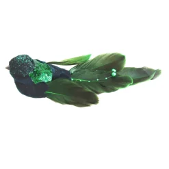 BIRD GREEN -DARK FEATHERS/FABRIC 7.5″ DARK GREEN GLITTER, BEADS & SEQUINS W/ CLIP