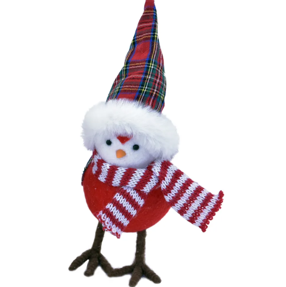 BIRD PLUSH 7″ STANDING WHITE W/ RED & GRN PLAID HAT & STRIPED SCARF