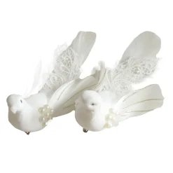 BIRD WHITE FEATHERS 8″ CREAM GLITTER & PEARLS W/ CLIP 2 ASSTD.