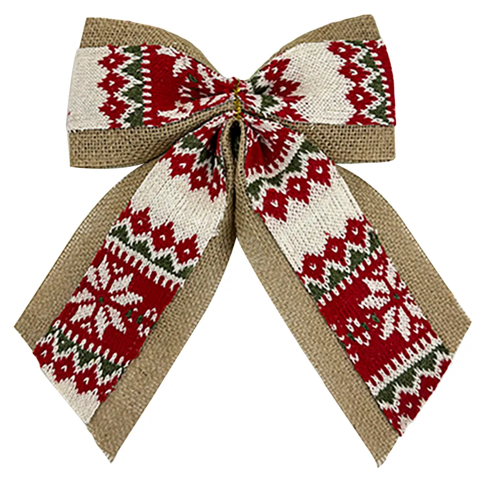 BOW BURLAP/KNITTED FABRIC RED/WHITE 10.5″ W/ NORDIC PRINT