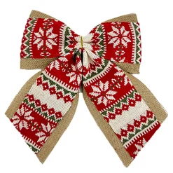 BOW BURLAP/KNITTED FABRIC RED/WHITE 12″ W/ NORDIC PRINT
