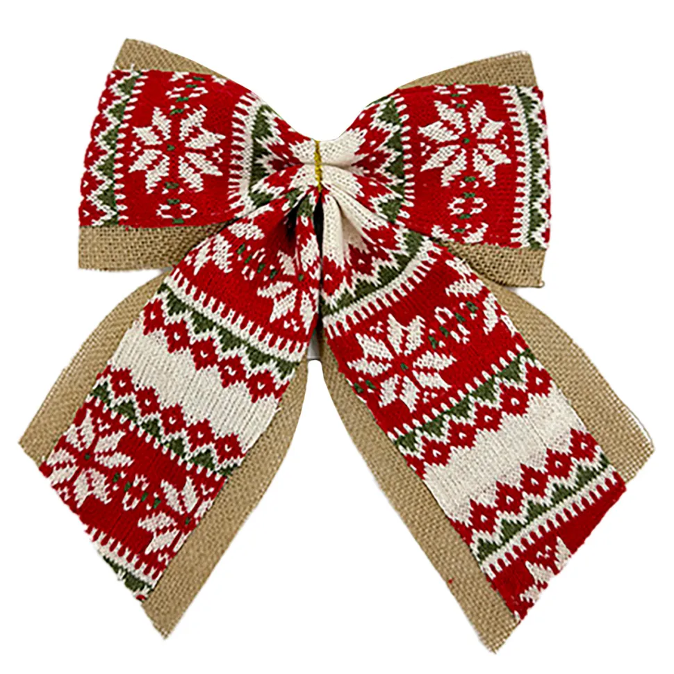BOW BURLAP/KNITTED FABRIC RED/WHITE 12″ W/ NORDIC PRINT