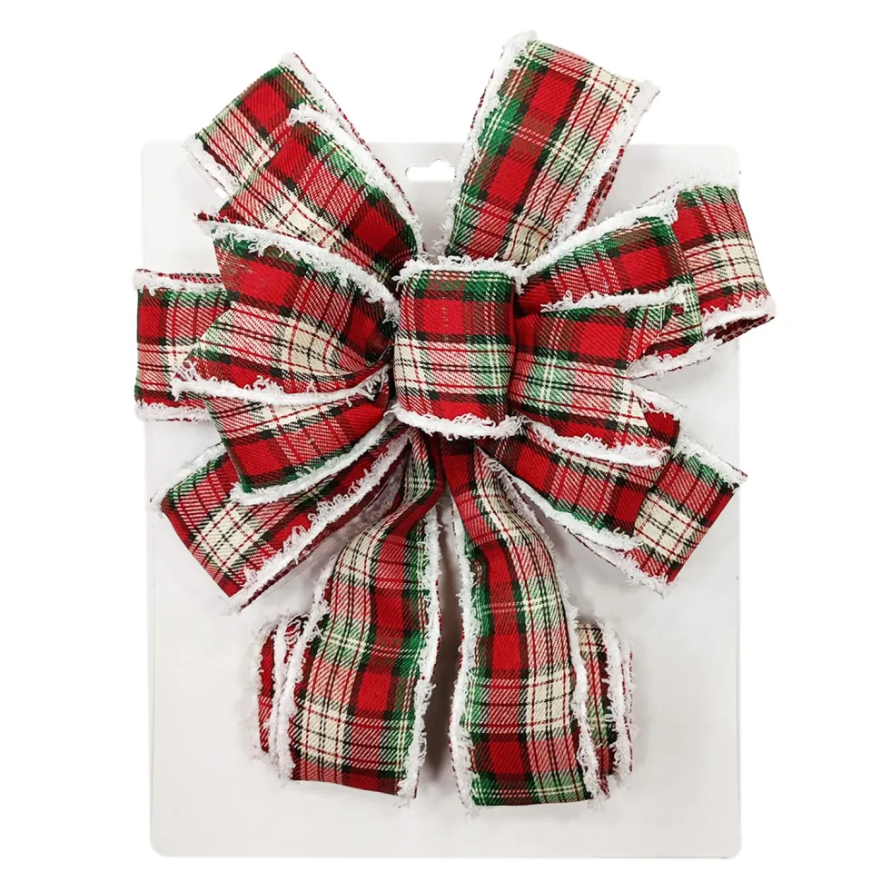 BOW TREE TOPPER 11″ X 31″ RED/GOLD COLORFUL PLAID WITH VELVET TRIM