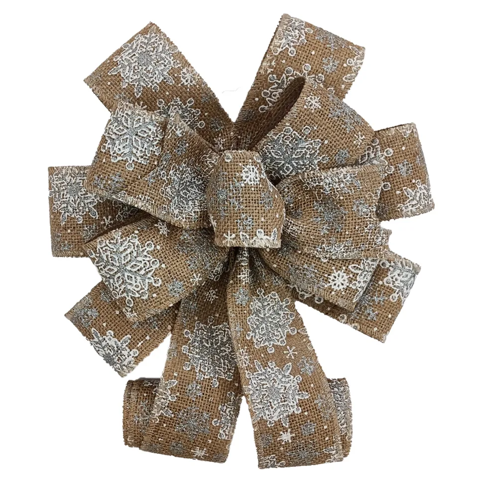 BOW TREE TOPPER 11″x31″ BURLAP W/ WHITE SNOWFLAKE