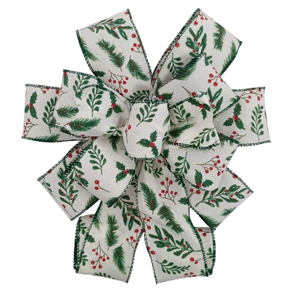 BOW TREE TOPPER 11″x31″ GREEN W/ HOLY BERRY