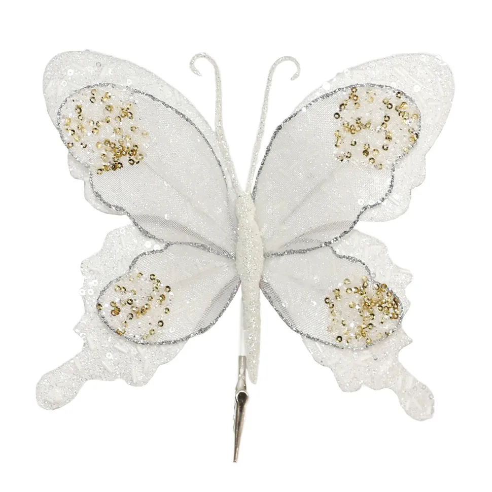 BUTTERFLY WHITE 9.5″x6.5″ VELVET/SHEER W/ GLITTER & CLIP