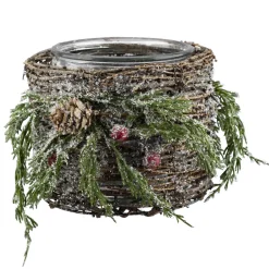 CANDLE HOLDER GLASS 6″ FROSTED TWIG & PINE