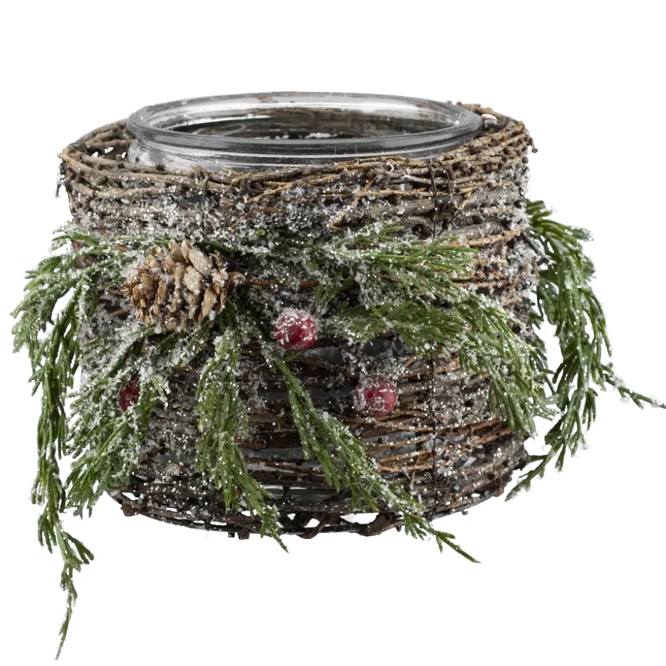 CANDLE HOLDER GLASS 6″ FROSTED TWIG & PINE