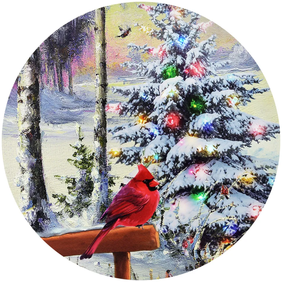CANVAS ROUND 16″ DIA 6 LED XMAS TREE & CARDINAL (TMR)