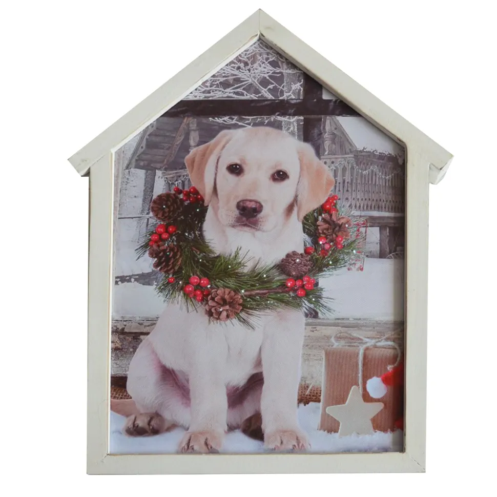 CANVAS W/ FRAME 12″X15″20 LED DOG W/ WREATH W/TIMER