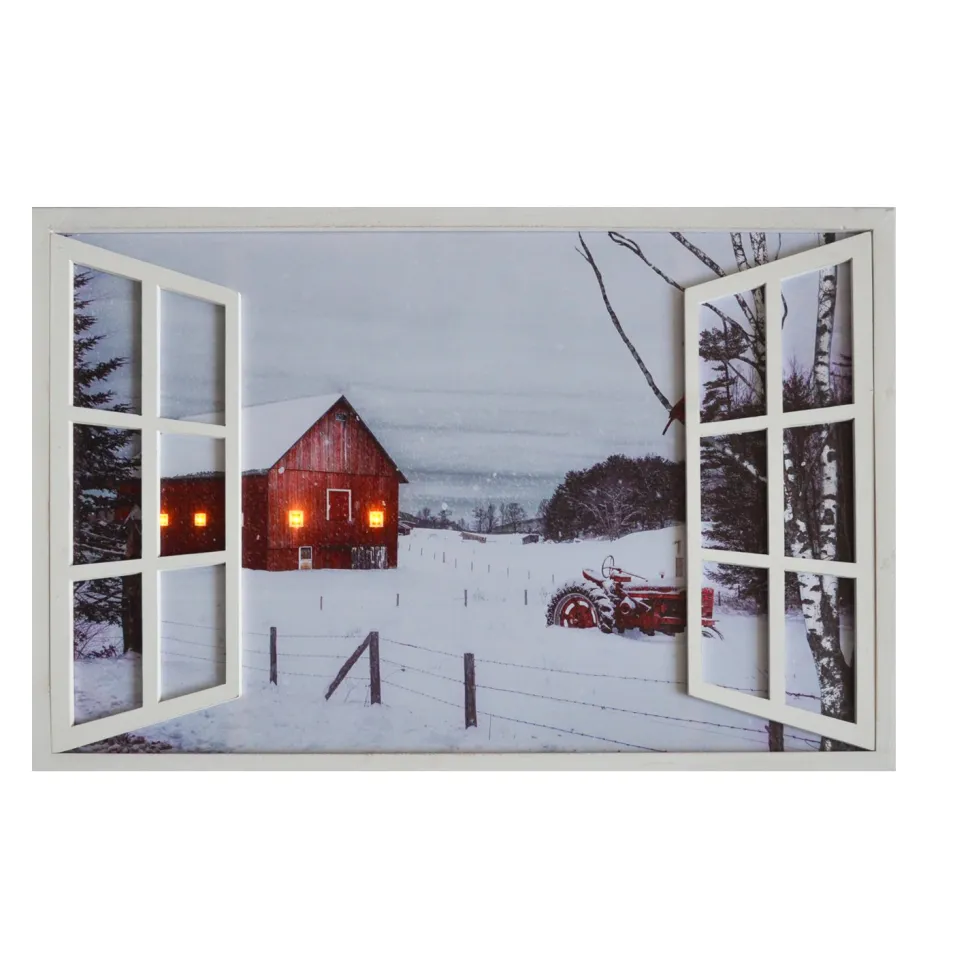 CANVAS W/ FRAME 35″X24″4 LED SNOWY FARM/ BARN SCENE W/TIMER