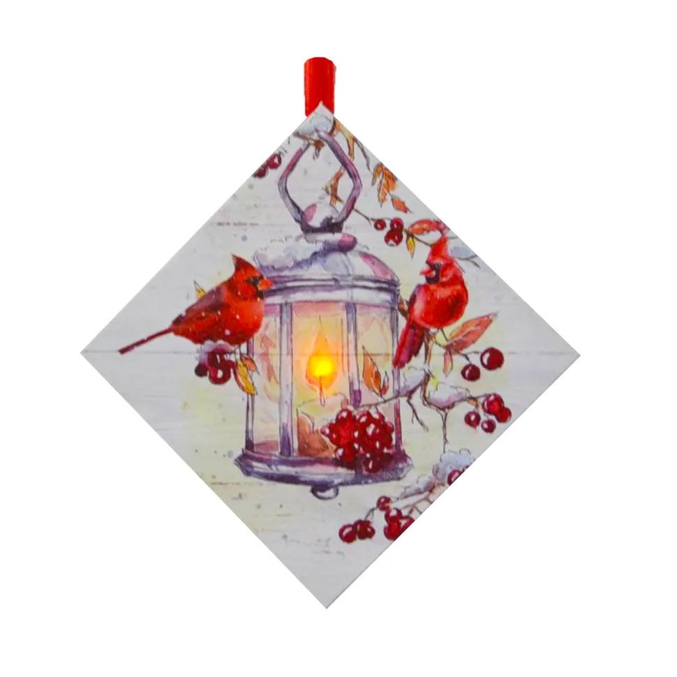CANVAS 5″X5″ 1 LED W/ CARDINAL ON A BIRD HOUSE