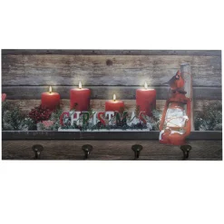 CANVAS 24″X12″ 5LED RED CANDLES AND LAMP W/4 COAT HOOKS BF