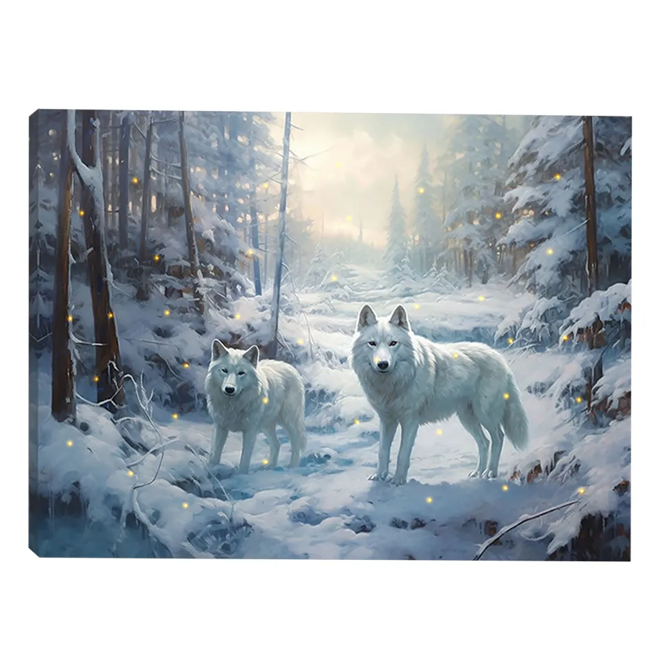 CANVAS 16″x12″ LIGHT UP WOLVES 30PCS LED FIBERS+6/18TIMER