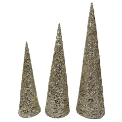 CONE TREE YARN/ GLTR 15.5″/19.5″/23.5″ CHAMPAGNE GOLD W/ GLITTER & SEQUINS 3PC.
