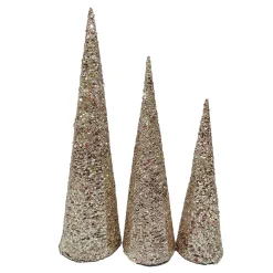CONE TREE YARN/ GLTR 15.5″/19.5″/23.5″ ROSE GOLD W/ GLITTER & SEQUINS 3PC