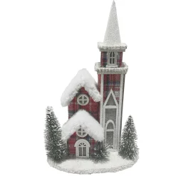 COTTAGE HOUSE 9″x14″ RED/PLAID W/ SNOW ROOF LED LIGHT-UP W/ TIMER