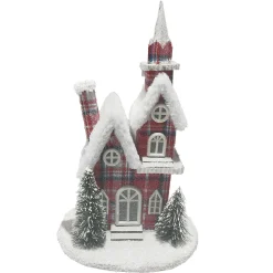 COTTAGE HOUSE9.5″x14.5″ RED/PLAID W/ SNOW ROOF LED LIGHT-UP W/ TIMER