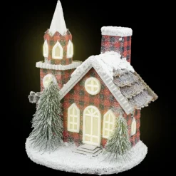 COTTAGE LOOK CHURCH 11″ RED/ BLK PLAID W/ SNOW ROOF W/LED LIGHTS B/O