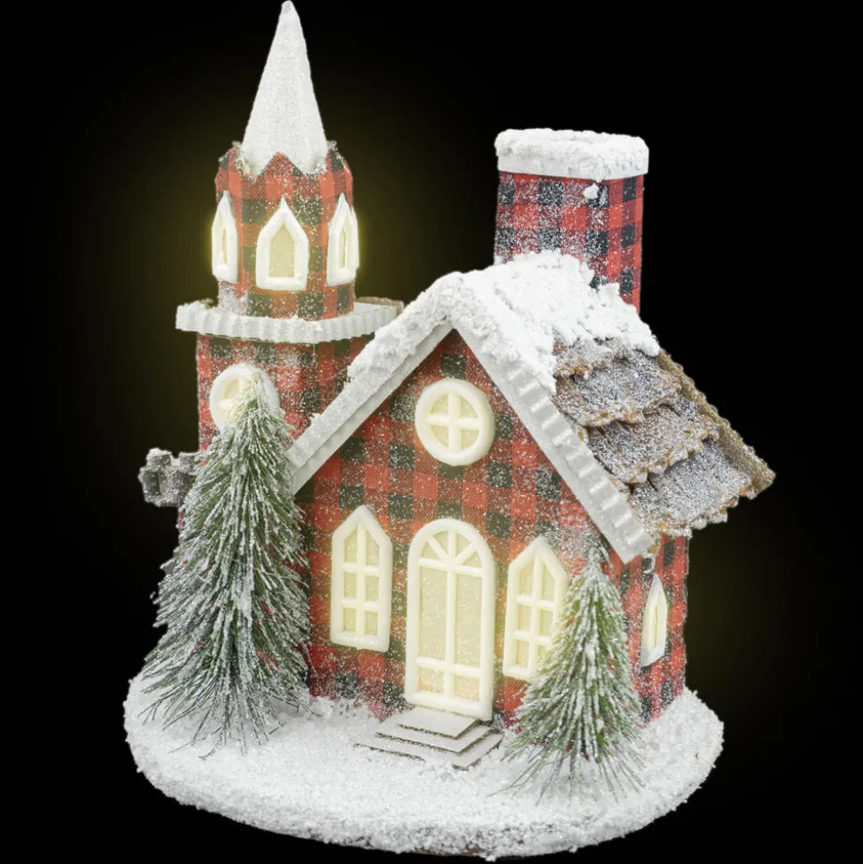 COTTAGE LOOK CHURCH 11″ RED/ BLK PLAID W/ SNOW ROOF W/LED LIGHTS B/O