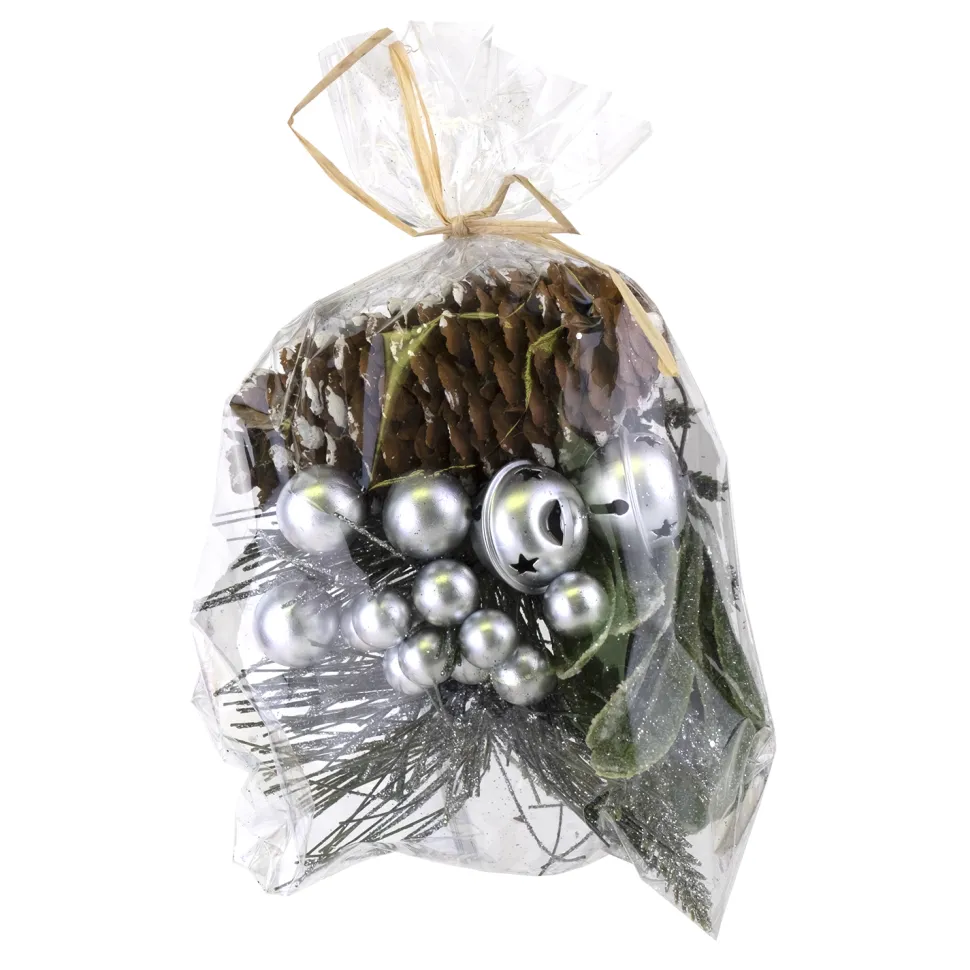 CRAFT BAG 5″X6″ SILVER BERRIES & BELLS W/ PINE CONES