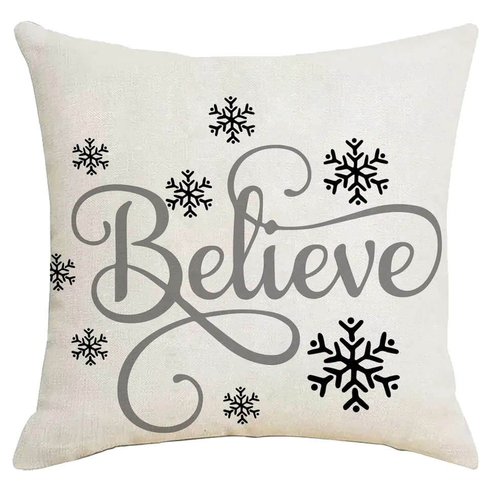 CUSHION DECORATIVE 16″x16″ “BELIEVE” IVORY/GRAY