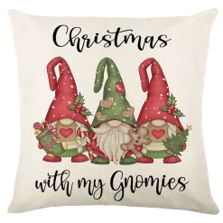 CUSHION DECORATIVE 16″x16″ “CHRISTMAS WITH GNOMIES” IVORY RED/GREEN