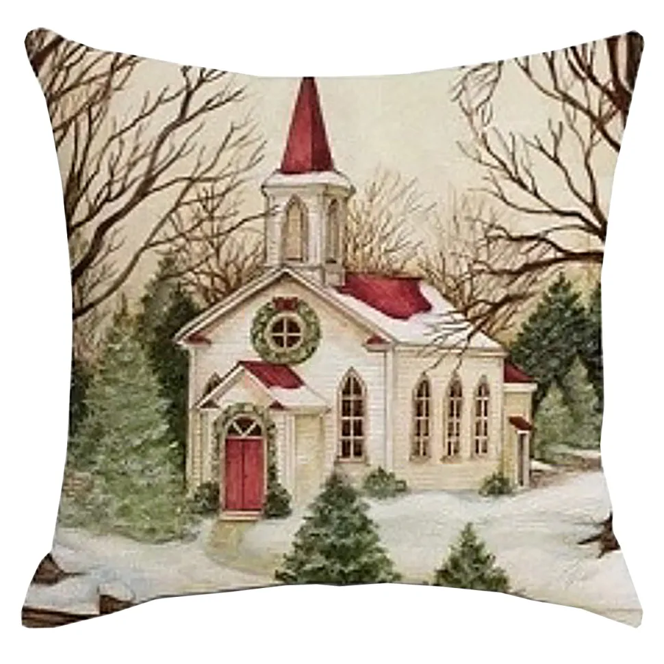 CUSHION DECORATIVE 16″x16″ CHURCH SCENE IVORY/RED/GREEN