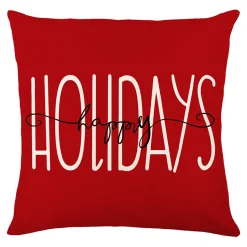 CUSHION DECORATIVE 16″x16″ “HAPPY HOLIDAYS” RED/WHITE