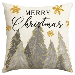 CUSHION DECORATIVE 16″x16″ “MERRY CHRISTMAS” IVORY/GRAY
