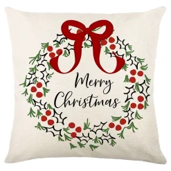 CUSHION DECORATIVE 16″x16″ “MERRY CHRISTMAS” IVORY/RED/GREEN