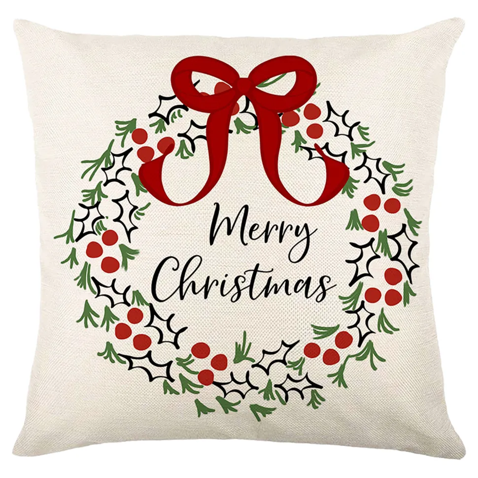 CUSHION DECORATIVE 16″x16″ “MERRY CHRISTMAS” IVORY/RED/GREEN