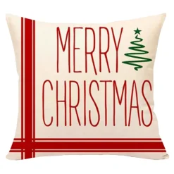 CUSHION DECORATIVE 16″x16″ “MERRY CHRISTMAS” IVORY/RED