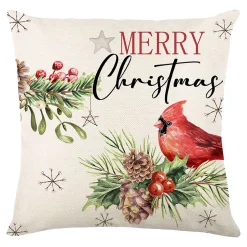 CUSHION DECORATIVE 16″x16″ “MERRY CHRISTMAS” IVORY/RED/GREEN