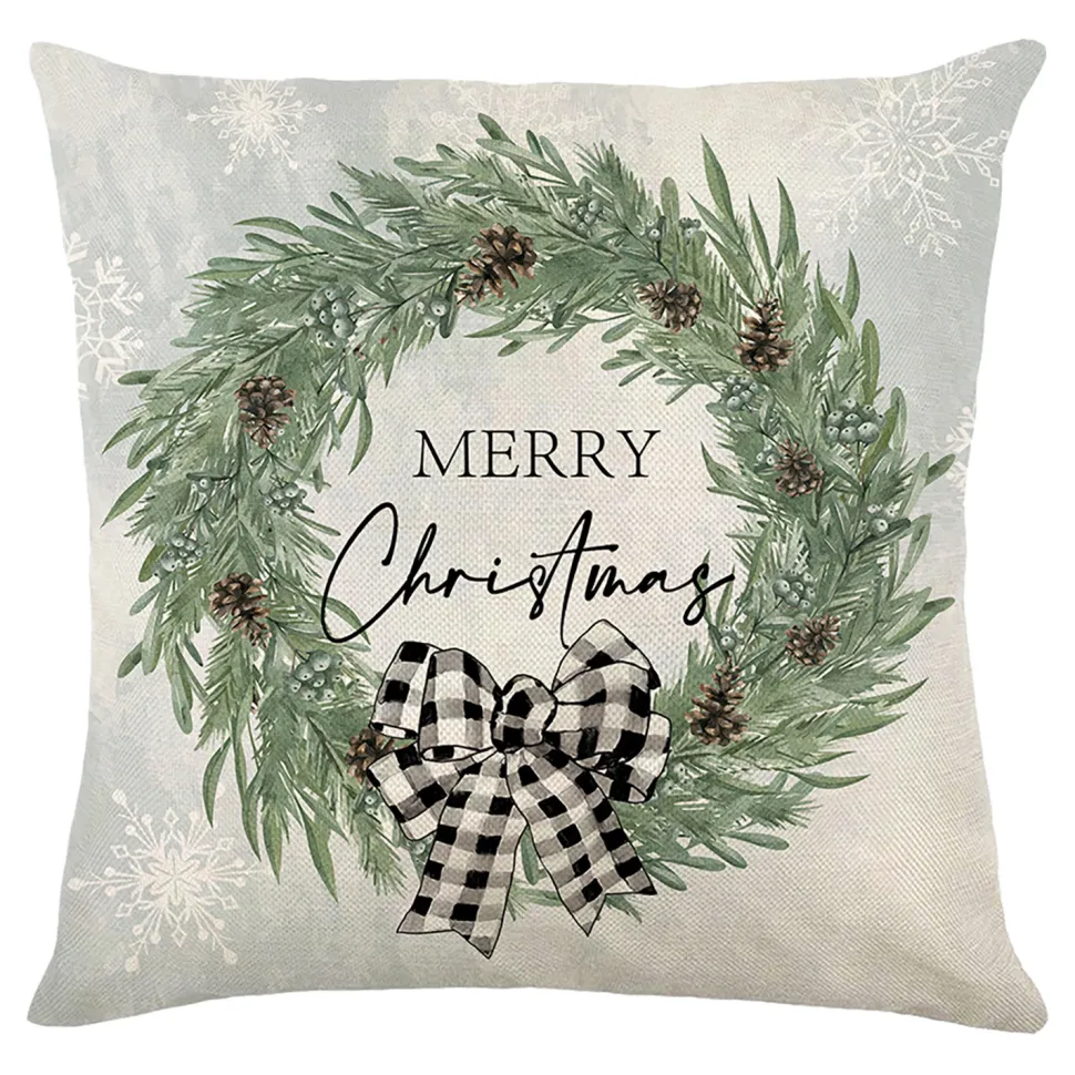 CUSHION DECORATIVE 16″x16″ “MERRY CHRISTMAS” IVORY/GREEN/BLACK