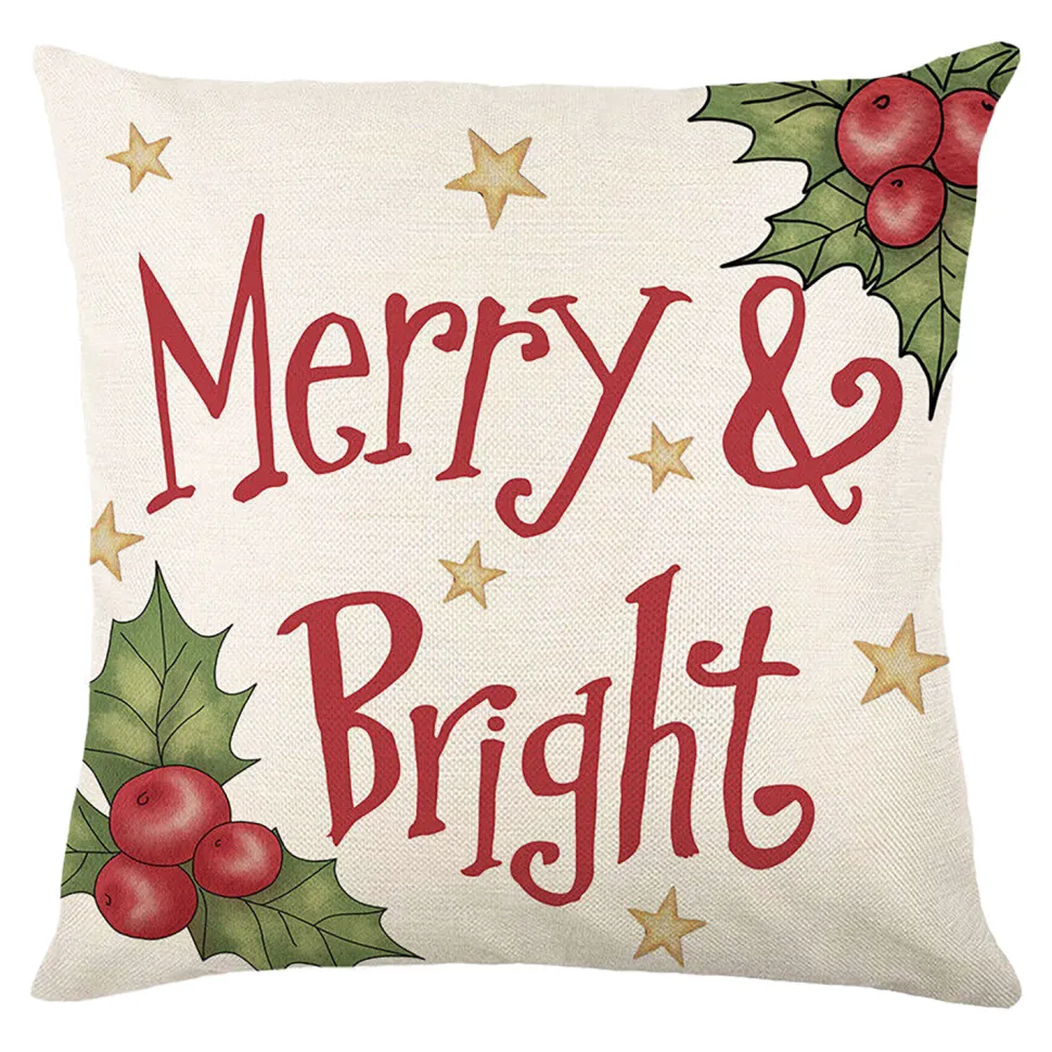 CUSHION DECORATIVE 16″x16″ “MERRY & BRIGHT” IVORY/RED/GREEN