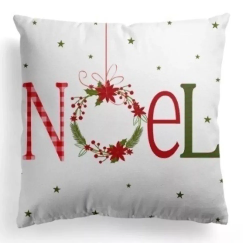 CUSHION DECORATIVE 16″x16″ “NOEL” WHIRE/RED GREEN