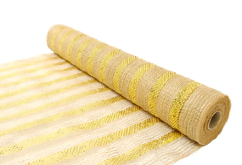 DECOR MESH 21″ X 10 YDS NATURAL W/JUTE & GOLD STRIPES